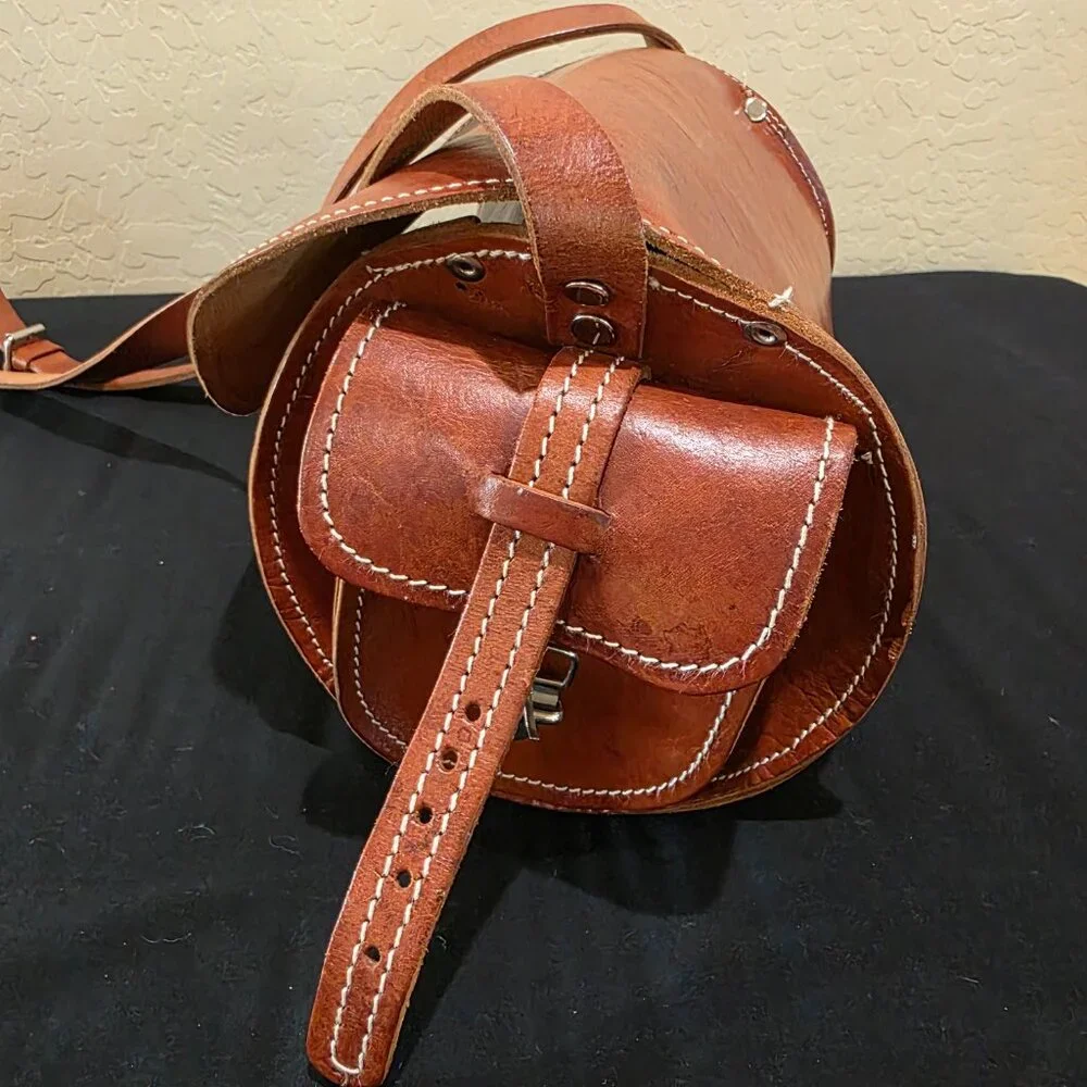 Vintage Handmade Hazelnut Brown Genuine Leather Barrel Purse Crossbody Bag